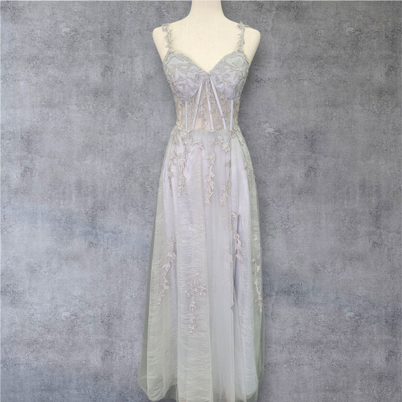 NWT Vine Dress with Semi-Sheer Bodice Corset Back Tulle Skirt Gray - Picture 1 of 13